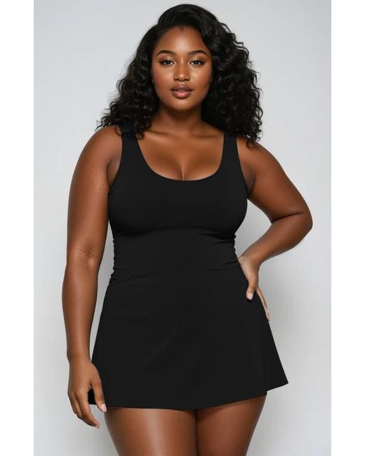 Calypsa Black Plus Size Hayley Tankini-Style Swim Dress With Adjustable Straps And Hidden Bikini Bottoms