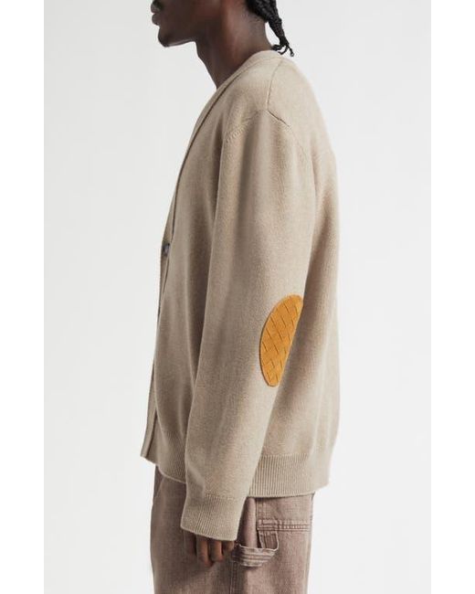 Bottega Veneta Brown Classic Cashmere Blend V-Neck Cardigan With Intrecciato Leather Elbow Patches for men