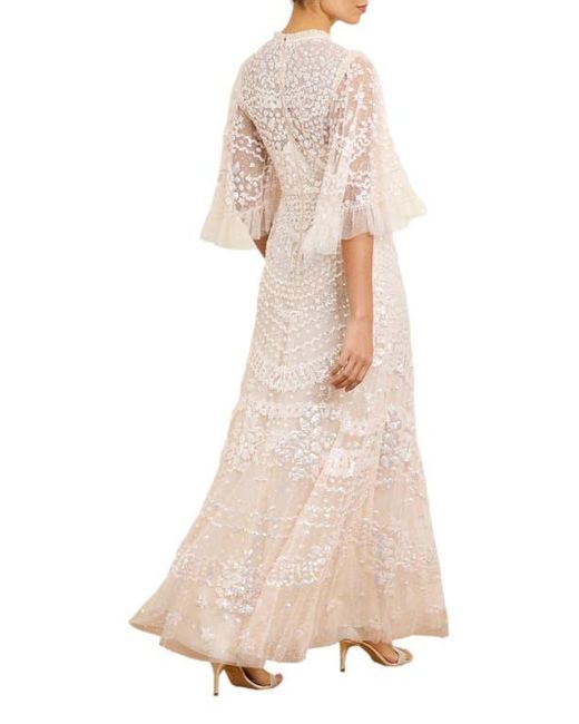 Needle & Thread Natural Anais Sequin 3/4 Sleeve Maxi Gown