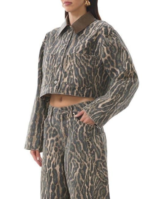 AFRM Gray Wrenley Leopard Crop Denim Jacket