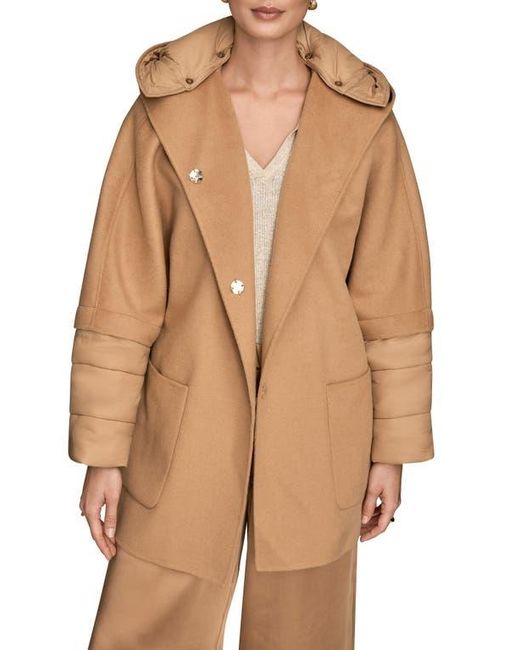 Donna Karan Natural Mixed Media Puffer Sleeve Wool Blend Coat