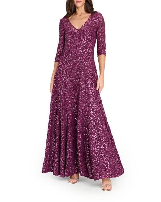 Tahari Purple Sequin Flare Gown