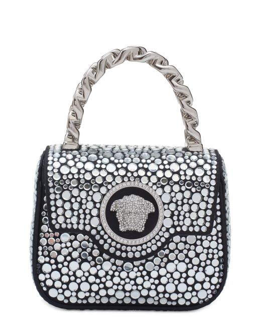 Versace Black Mini La Medusa Crystal Embellished Satin Top Handle Bag
