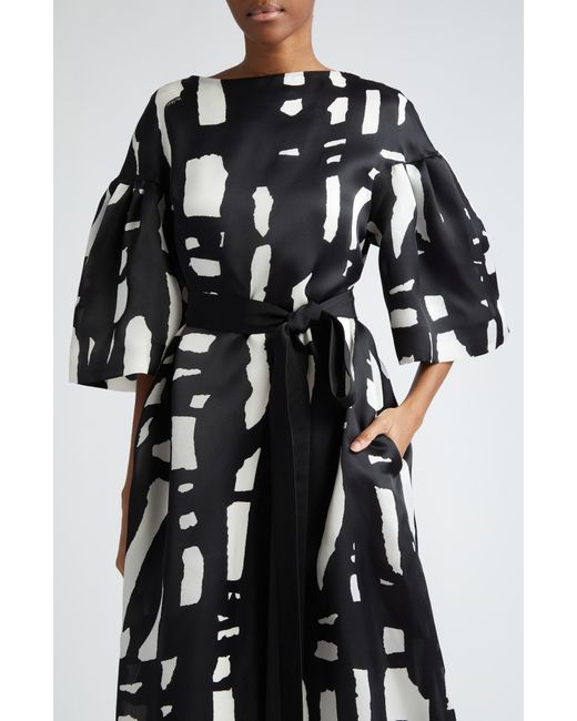 Max Mara Black Rubiera Abstract Print Belted Silk Satin Gown