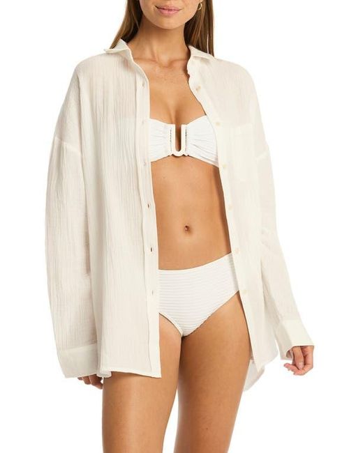 Sea Level White Sunset Beach Oversize Cotton Cover-Up Shirt