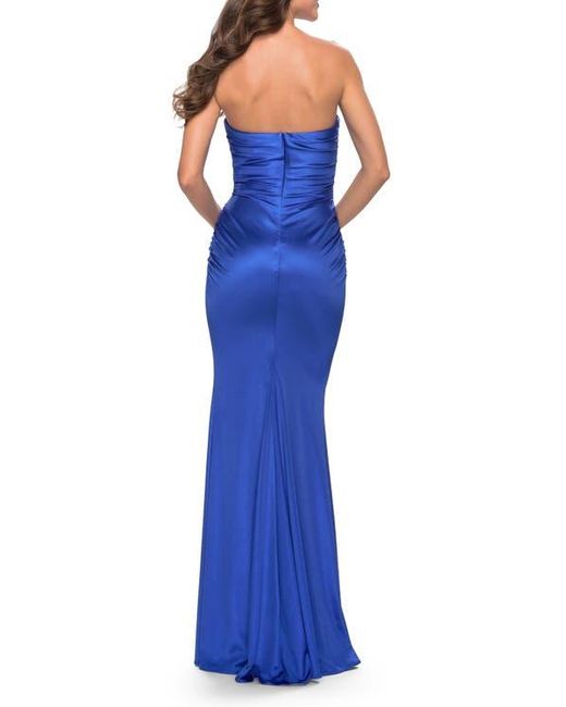La Femme Blue Chic Strapless Liquid Jersey Gown With Ruching