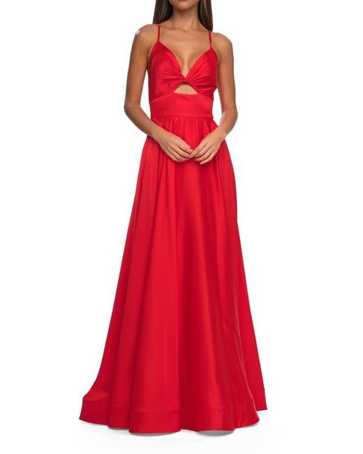 La Femme Red Satin A-Line Gown With Cut Out And Twist Bodice