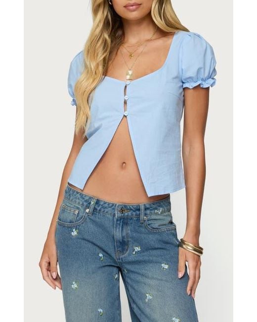 Edikted Blue Dorothea Split Front Cotton Top
