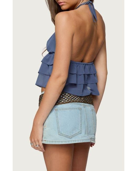 Edikted Blue Zephi Tiered Ruffle Halter Top