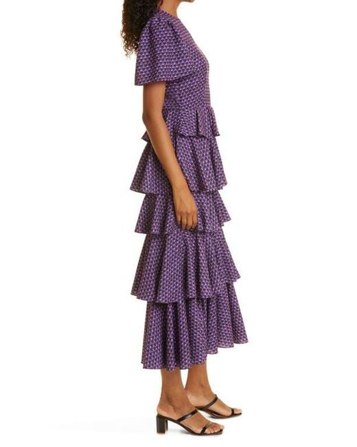 RHODE Purple Serena Short Sleeve Tiered Dress