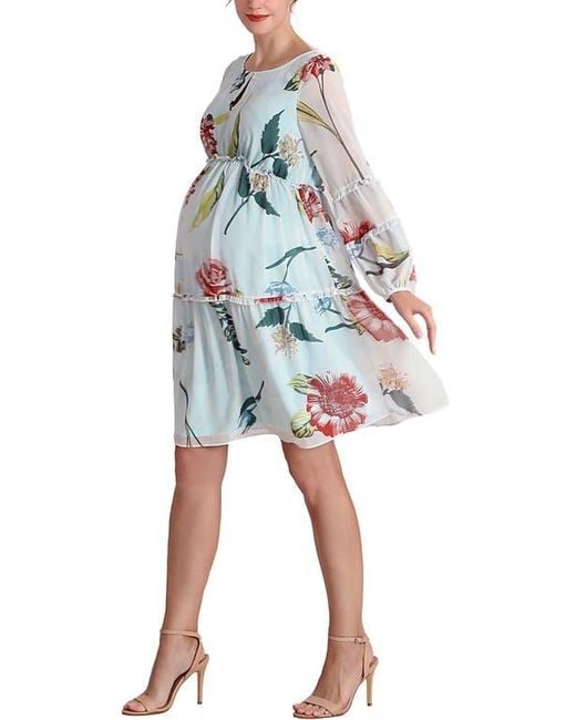 Kimi + Kai Blue Aliz Long Sleeve Maternity Babydoll Dress