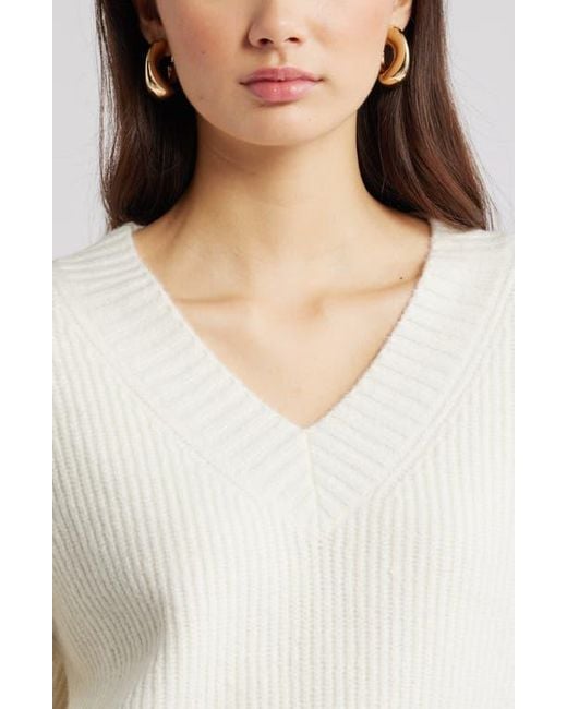 Open Edit White Rib V-Neck Sweater
