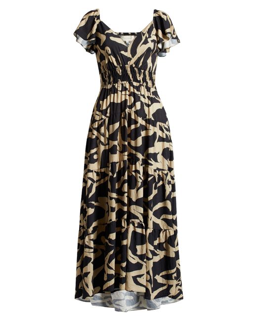 MELLODAY Black Printed Smocked Waist Maxi Dress