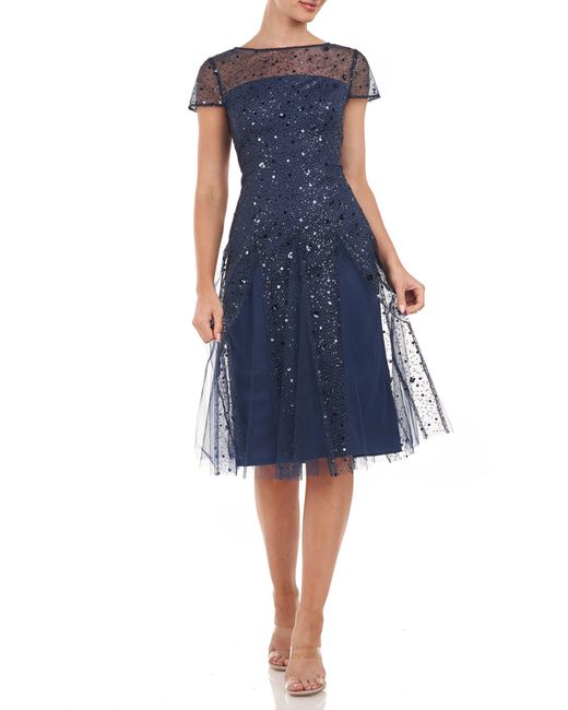 JS Collections Alyssa Godet Sequin Lace Midi Dress in Blue | Lyst