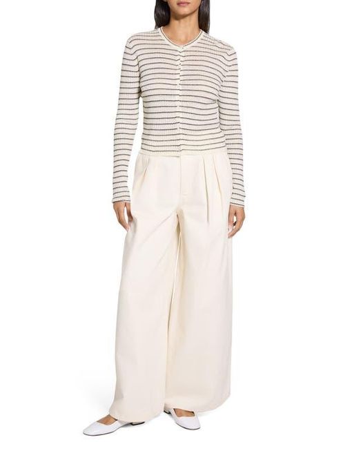 Theory White Stripe Crop Linen Blend Cardigan
