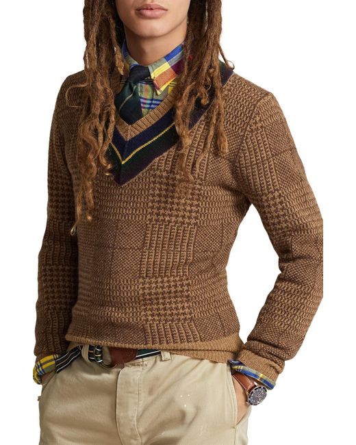 Polo Ralph Lauren Brown Glen Plaid V-neck Wool Sweater for men