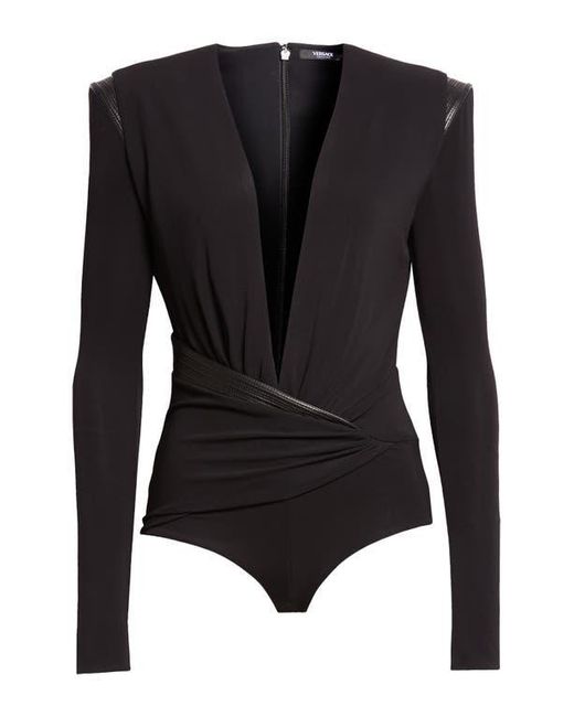 Versace Blue Long Sleeve Jersey Faux Wrap Bodysuit