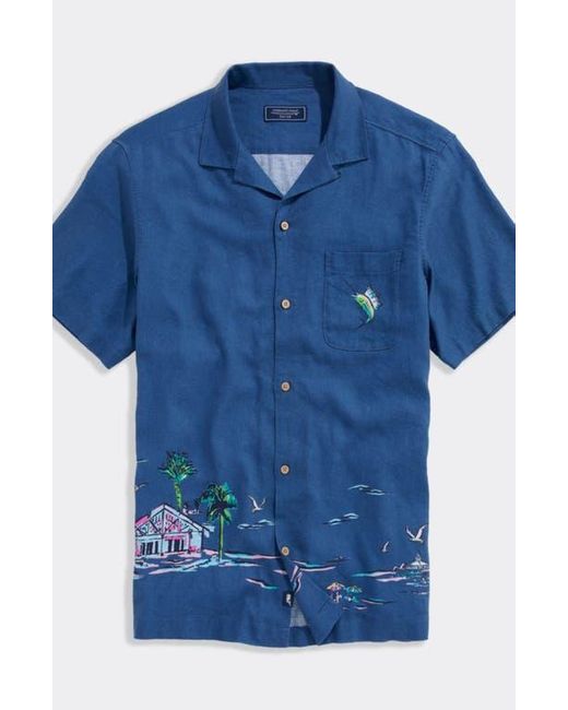 Vineyard Vines Blue Scenic Print Short Sleeve Linen Blend Cabana Shirt for men