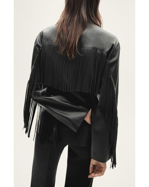 Mango Black Fringe Trim Faux Leather Jacket