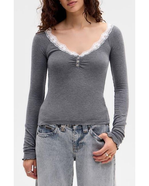 BDG Gray Diana Lace Trim Crop Rib Knit Henley