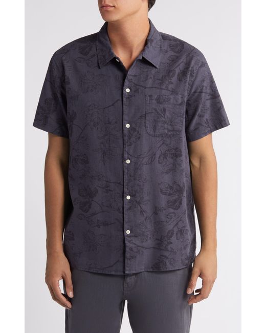 Treasure & Bond Blue Woodcut Floral Linen & Cotton Camp Shirt for men