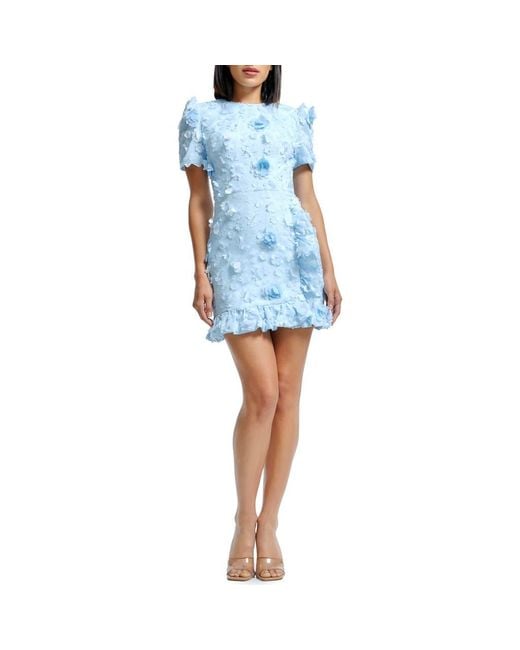 Dress the Population Blue Brittany 3D Floral Appliqué Chiffon Cocktail Minidress