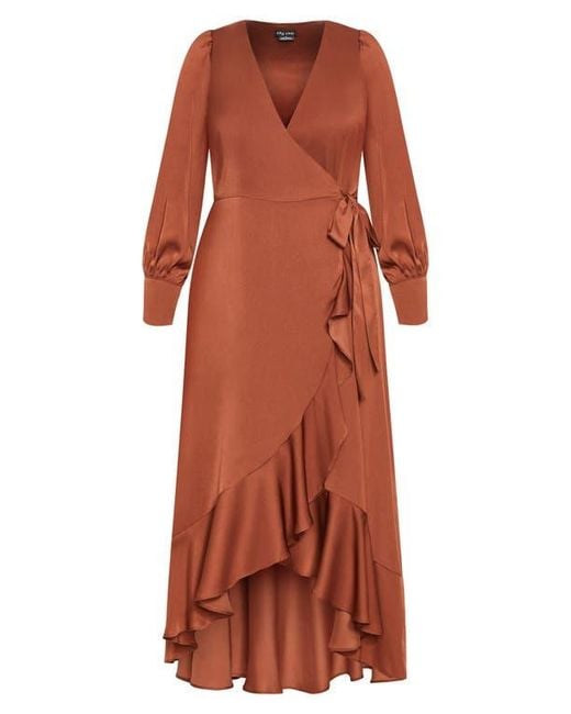 City Chic Marceline Long Sleeve Wrap Maxi Dress in Orange | Lyst