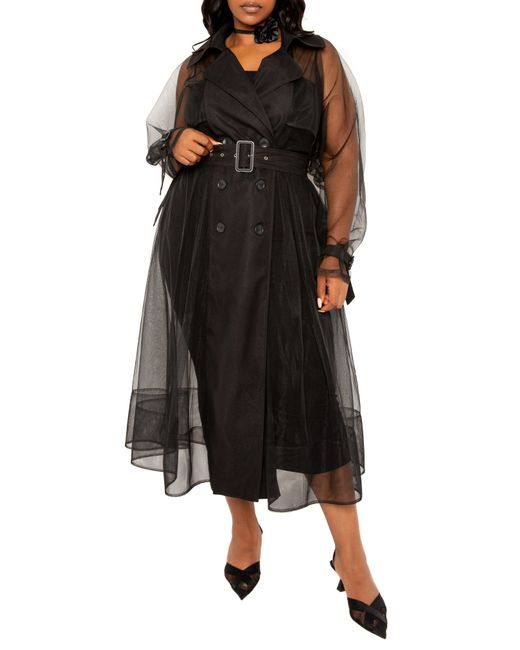 Buxom Couture Black Belted Sheer Tulle Trench Coat