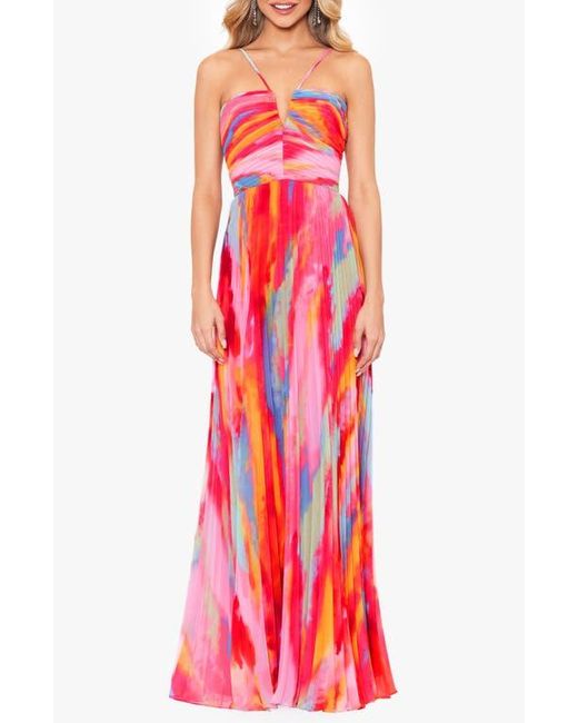 Xscape Evenings Red Print Pleated Gown