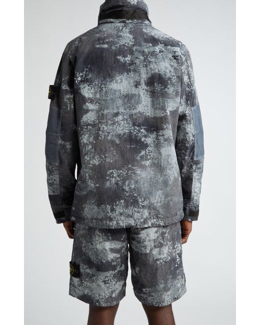 Stone Island Gray Dissolving Grid Camouflage Econyl Regenerated Nylon Hooded Jacket for men