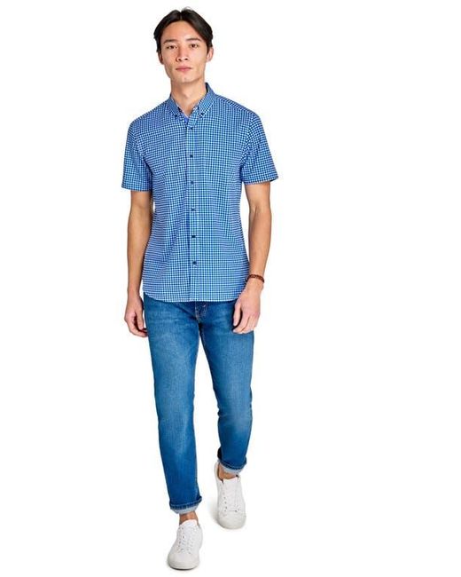 Con.struct Blue Slim Fit Mini Check Recycled 4-Way Stretch Performance Short Sleeve Shirt for men