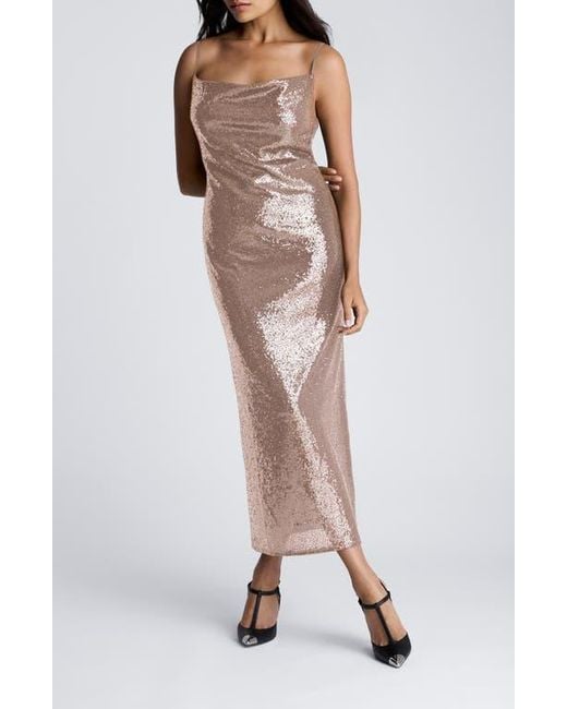 Kenneth Cole Natural Sequin Cowl Neck Midi Slipdress