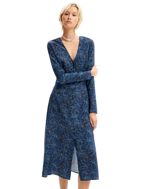 Desigual Blue Floral Long Sleeve Midi Dress