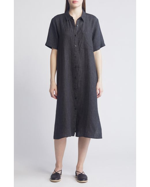 Eileen Fisher Black Classic Collar Organic Linen Shirtdress