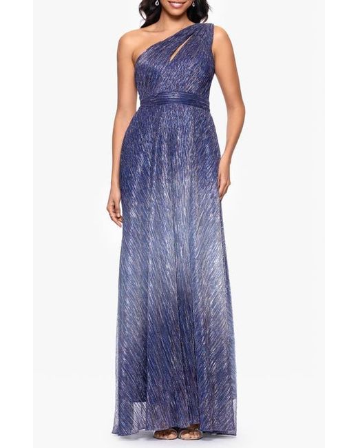 Betsy & Adam Blue Ombré Crinkle Metallic One-Shoulder Gown