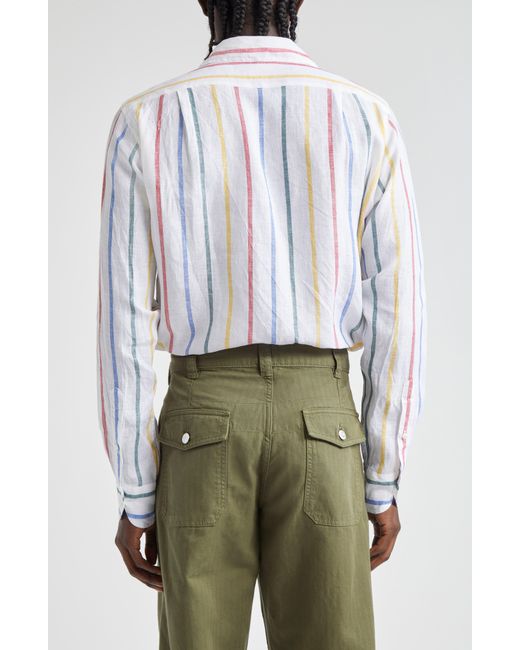 Drake's White Primary Stripe Linen Button-up Shirt for men