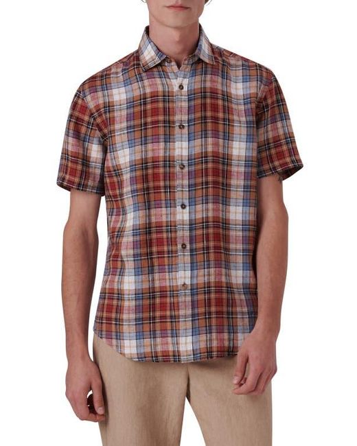 Bugatchi Red Plaid Short Sleeve Linen Button-Up Shirt for men