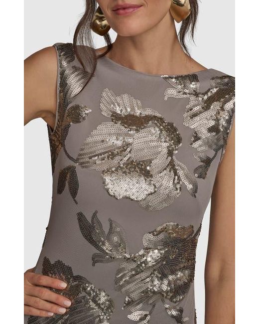 Donna Karan Natural Sequin Floral Sleeveless Gown