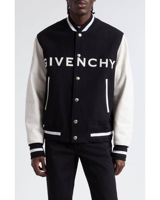 Givenchy Black Embroidered Logo Mixed Media Leather & Wool Blend Varsity Jacket for men