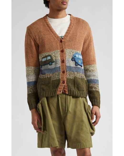 STORY mfg. Brown Twinsun Crochet Car Organic Cotton Cardigan for men