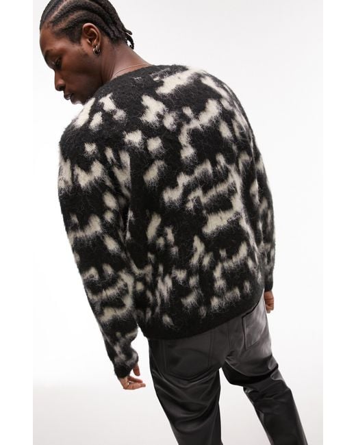 Topman Black Fluffly Animal Pattern Sweater for men