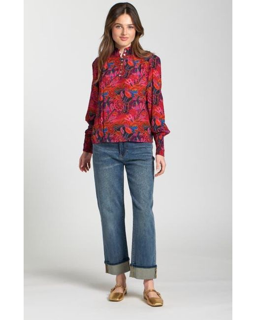 Apny Red Puff Shoulder Button Front Top