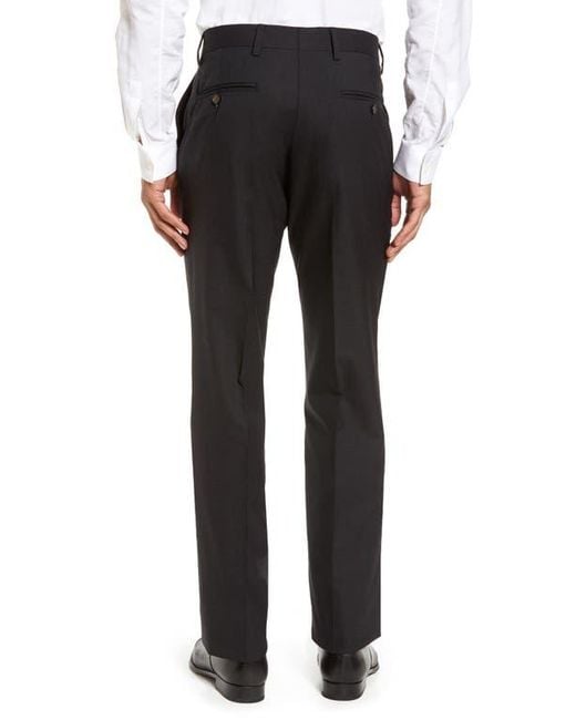 Berle Black Flat Front Stretch Solid Wool Trousers for men