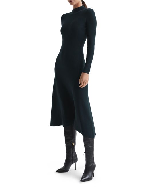 Reiss Black Chrissy Mock Neck Long Sleeve Midi Dress