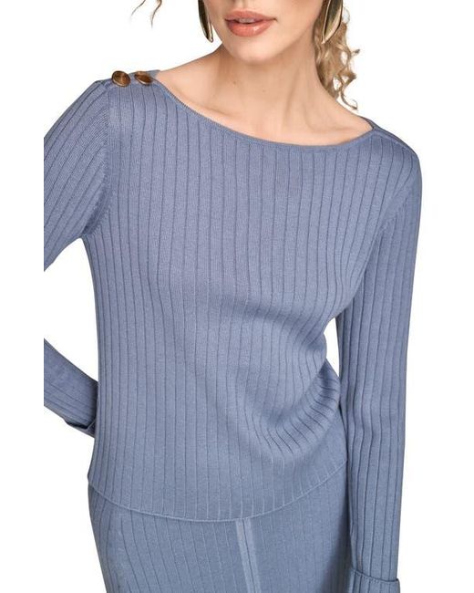 Donna Karan Blue Button Shoulder Boat Neck Rib Sweater