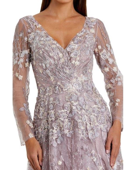 Mac Duggal Purple Embellished Wrap Over Illusion Long Sleeve A Line Gown