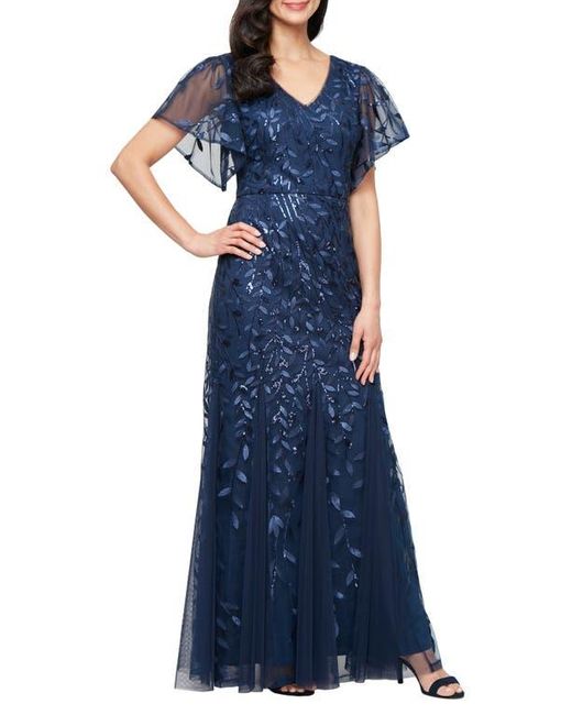 Alex Evenings Blue Embroidered Flutter Sleeve Tulle Mermaid Gown