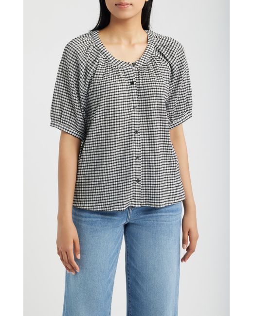 Bobeau Gray Check Front Button Top