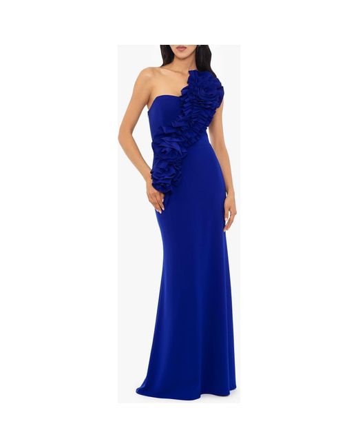 Betsy & Adam Blue Rosette One-Shoulder Trumpet Gown