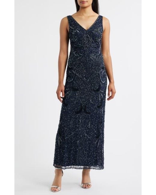 Pisarro Nights Blue Beaded Sequin Embellished Mesh Column Gown With Jacket